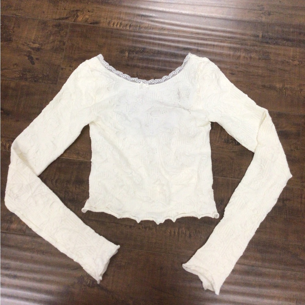 Urban Outfitters Floral Textured Round Neck Long Sleeve Top